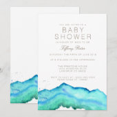 Blauwe Waterverf | Uitnodiging voor Baby shower (Voorkant / Achterkant)