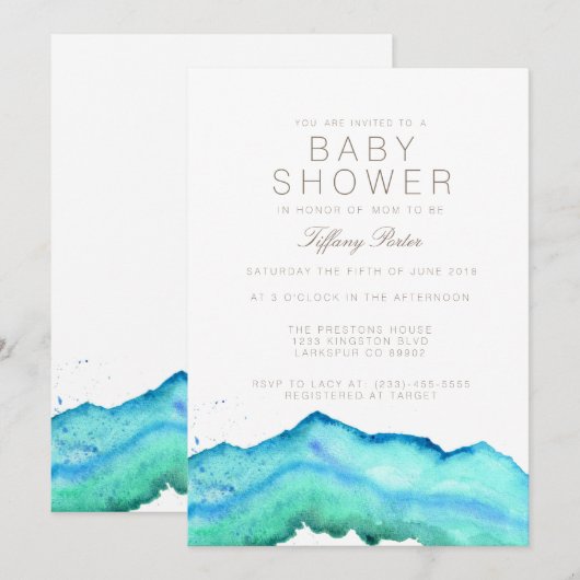 Blauwe Waterverf | Uitnodiging voor Baby shower (Voorkant / Achterkant)