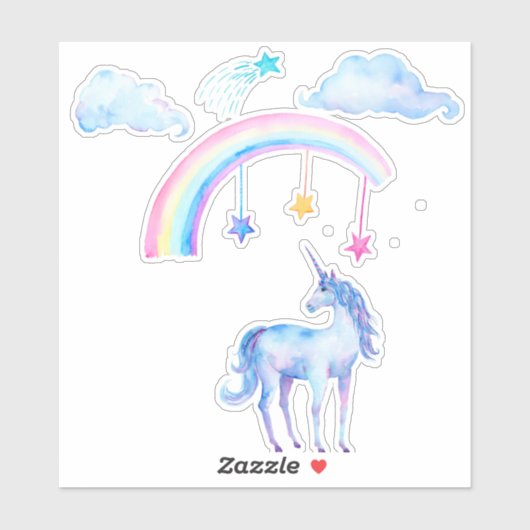 blauwe Waterverf Unicorn met regenboog Sticker (Vel)