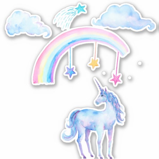  blauwe Waterverf Unicorn met regenboog Sticker (Voorkant)