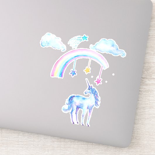  blauwe Waterverf Unicorn met regenboog Sticker (Detail)