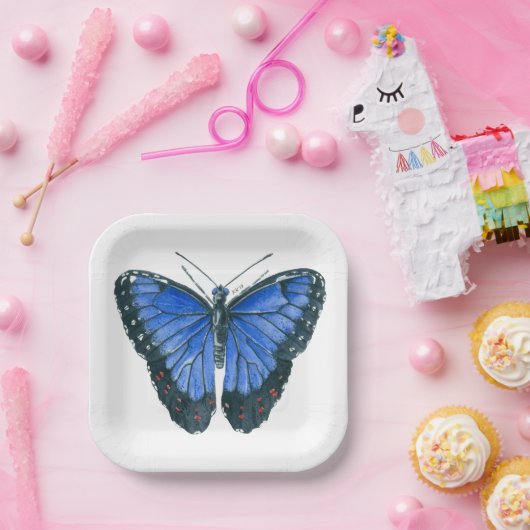 Blauwe waterverf van de Morpho-vlinder Papieren Bordje (Feest)