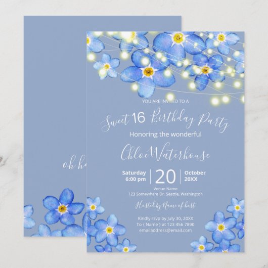 Blauwe Waterverf vergeet me 16 zondag Kaart (Voorkant / Achterkant)