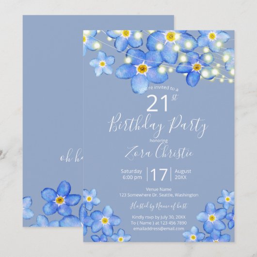 Blauwe Waterverf vergeet-me-Nots 21st Birthday Par Kaart (Voorkant / Achterkant)