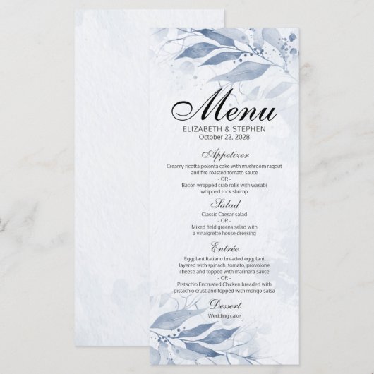 Blauwe Waterverf verlaat Botanische Chic Wedding M Menu (Voorkant / Achterkant)