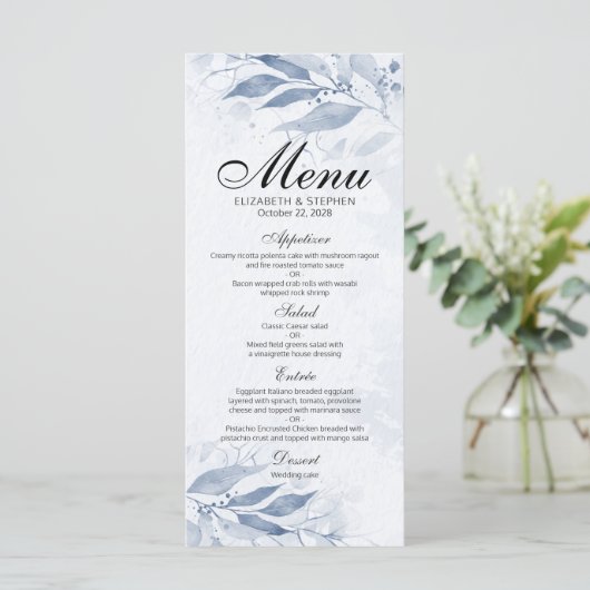Blauwe Waterverf verlaat Botanische Chic Wedding M Menu (Staand voorkant)