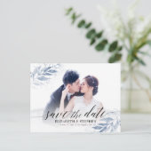 Blauwe Waterverf verlaat bruiloft Opslagdatum Foto Briefkaart (Staand voorkant)