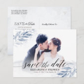 Blauwe Waterverf verlaat bruiloft Opslagdatum Foto Briefkaart (Voorkant / Achterkant)