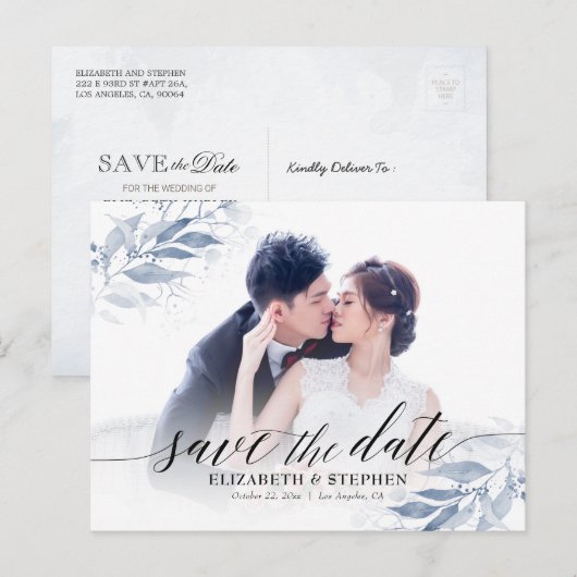 Blauwe Waterverf verlaat bruiloft Opslagdatum Foto Briefkaart (Voorkant / Achterkant)