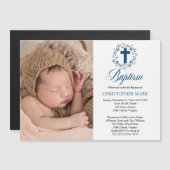 Blauwe Waterverf verlaat Wreath Boy Foto Baptisme  Magnetische Uitnodiging (Voorkant / Achterkant)