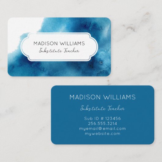 Blauwe Waterverf vervangende leraar Visitekaartje (Voorkant / Achterkant)