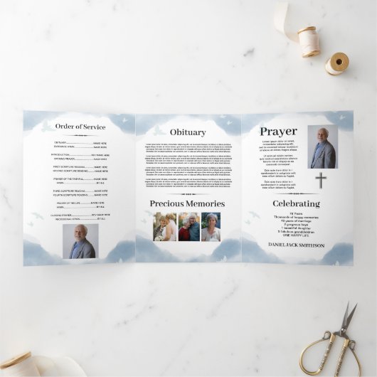 Blauwe Waterverf Viering van het Leven Foto Overli Drieluik Uitnodiging (Binnen)