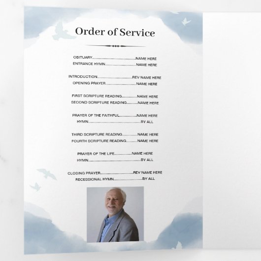 Blauwe Waterverf Viering van het Leven Foto Overli Drieluik Uitnodiging (Binnenzijde eerst)