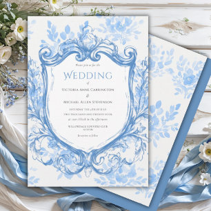 Blauwe Waterverf Vintage bruiloft Kaart