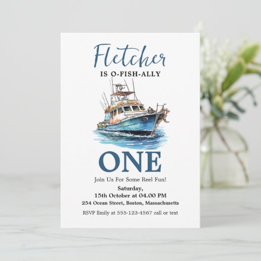 Blauwe Waterverf Vist Vessel Eerste Verjaardag Kaart (Staand voorkant)