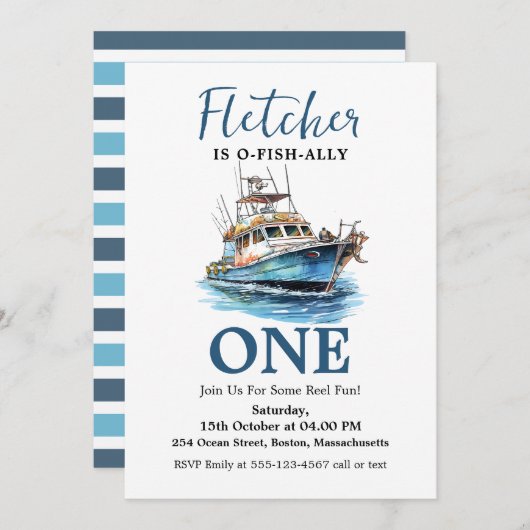 Blauwe Waterverf Vist Vessel Eerste Verjaardag Kaart (Voorkant / Achterkant)