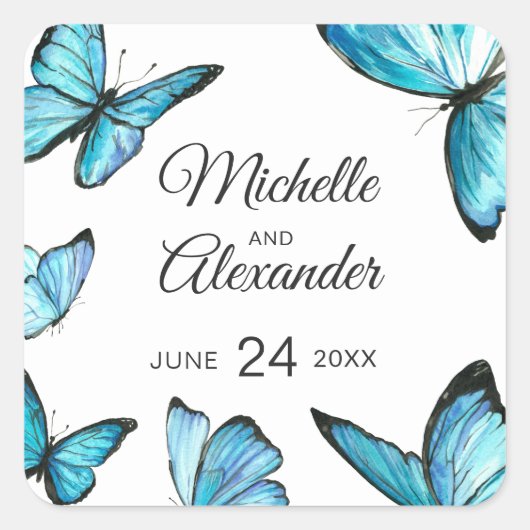 Blauwe waterverf vlinder Monogram Classic Sticker (Voorkant)