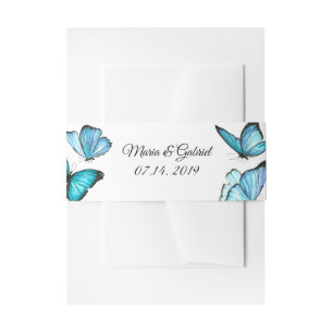 Blauwe waterverf vlinders bruiloft buik band uitnodigingen wikkel