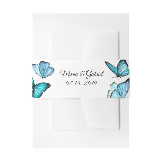 Blauwe waterverf vlinders bruiloft buik band uitnodigingen wikkel (Voorkant Voorbeeld)