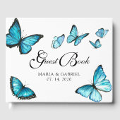 Blauwe waterverf vlinders bruiloft gastenboek (Voorkant)