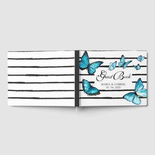 Blauwe waterverf vlinders bruiloft gastenboek (Volledig)