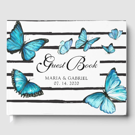 Blauwe waterverf vlinders bruiloft gastenboek (Voorkant)