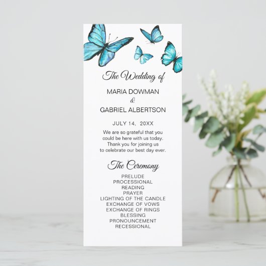 Blauwe waterverf vlinders bruiloft programma programmakaart (Staand voorkant)