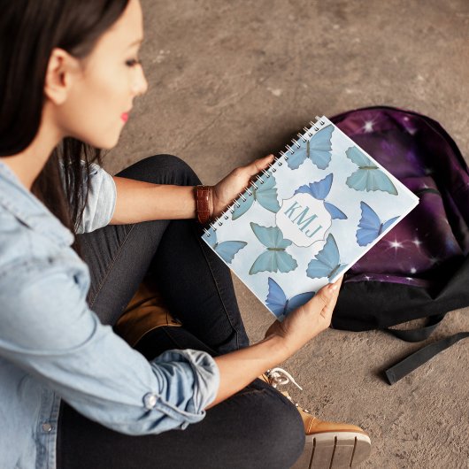 Blauwe Waterverf vlinders monogram Notitieboek