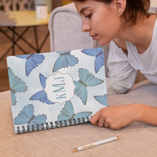 Blauwe Waterverf vlinders monogram Notitieboek