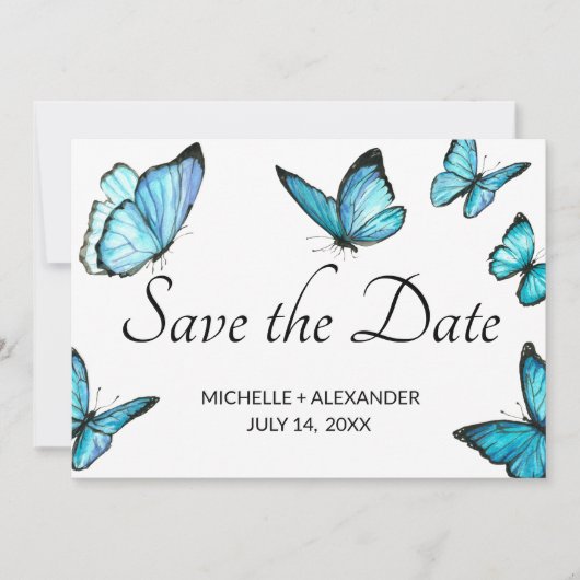 Blauwe waterverf vlinders slaan de datumkaart op kaart (Voorkant)