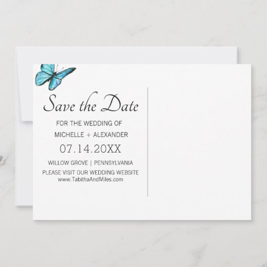 Blauwe waterverf vlinders slaan de datumkaart op kaart (Achterkant)