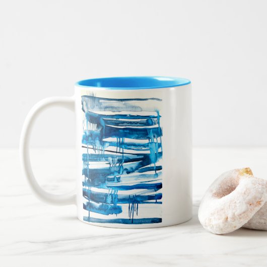 Blauwe waterverf voor abstracte kunst tweekleurige koffiemok (Met donut)