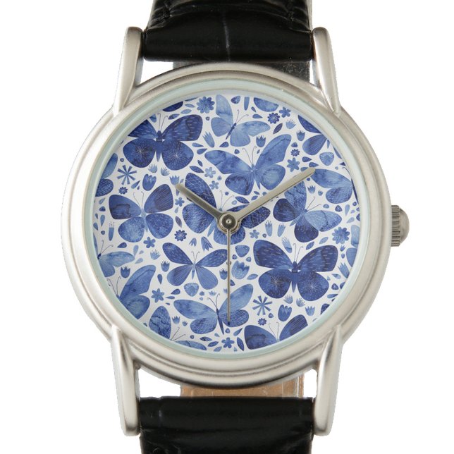 Blauwe Waterverf voor vlinder Horloge (Navy indigo blue and white watercolor butterfly pattern watch)