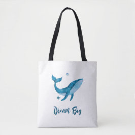 Blauwe Waterverf walvis, Inspirerend droomcitaat Tote Bag