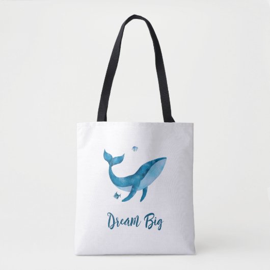 Blauwe Waterverf walvis, Inspirerend droomcitaat Tote Bag (Voorkant)