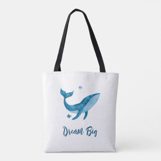 Blauwe Waterverf walvis, Inspirerend droomcitaat Tote Bag (Achterkant)