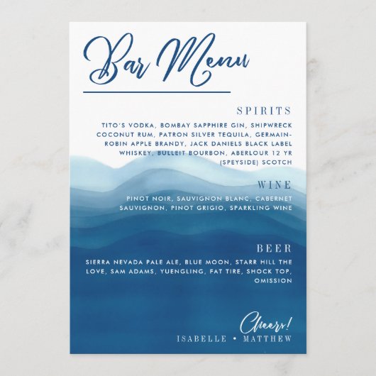 Blauwe Waterverf Wave Bar Bruiloft Menu (Voorkant)