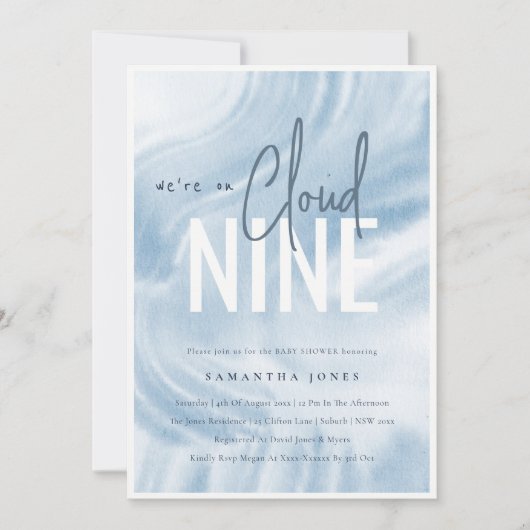 Blauwe Waterverf We zijn op Cloud Nine Baby shower Kaart (Voorkant)