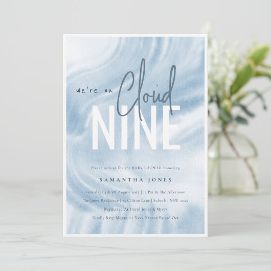 Blauwe Waterverf We zijn op Cloud Nine Baby shower Kaart (Staand voorkant)