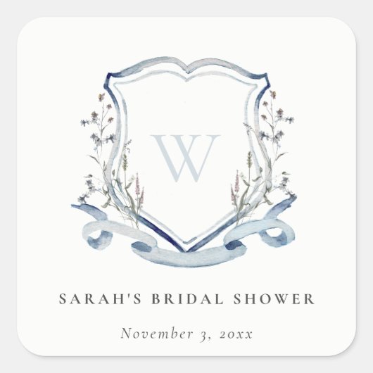 Blauwe Waterverf Wederdoper Bruiloftsshower Crest Vierkante Sticker (Voorkant)