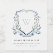 Blauwe Waterverf Wederdoper Bruiloftsshower Crest Wijn Etiket (Enkel label)