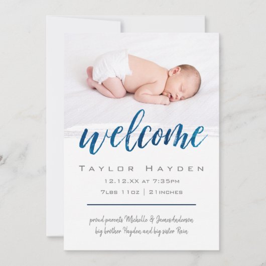 Blauwe Waterverf Welkomstfoto geboorteaankondiging Aankondiging (Voorkant)