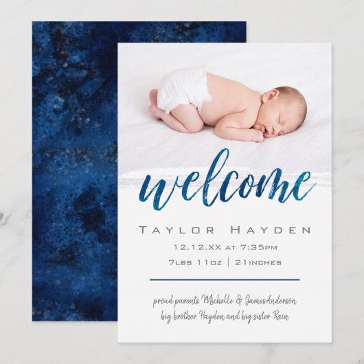 Blauwe Waterverf Welkomstfoto geboorteaankondiging Aankondiging (Voorkant / Achterkant)