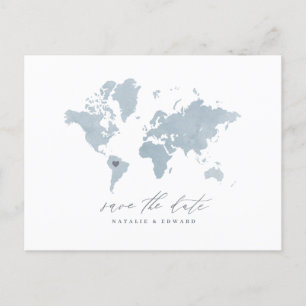 Blauwe waterverf wereldkaart bruiloft aankondiging