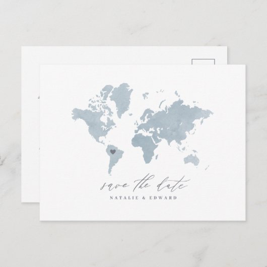 Blauwe waterverf wereldkaart bruiloft aankondiging (Voorkant / Achterkant)