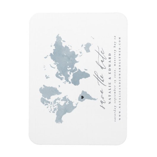 Blauwe waterverf wereldkaart bruiloft aankondiging magneet (Verticaal)