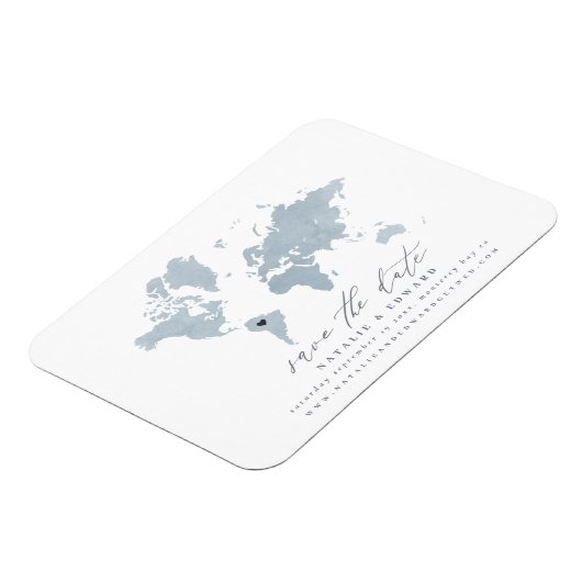 Blauwe waterverf wereldkaart bruiloft aankondiging magneet (Linkerzijde)