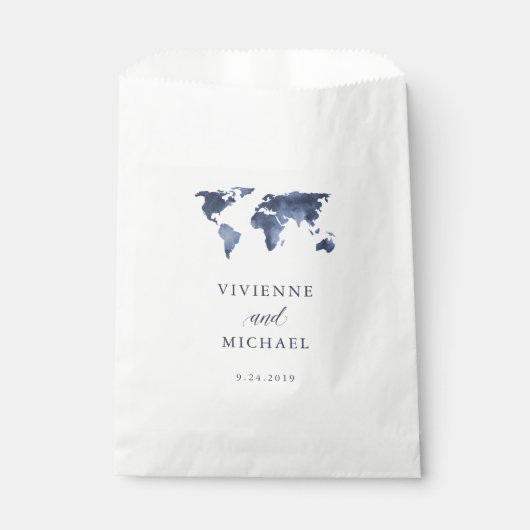 Blauwe Waterverf | Wereldkaart bruiloft Bedankzakje (Voorkant)