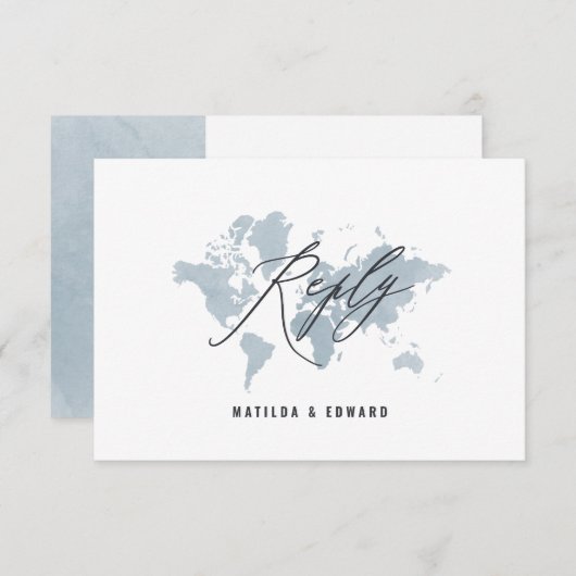 Blauwe waterverf wereldkaart bruiloft R.S.V.P RSVP Kaartje (Voorkant / Achterkant)