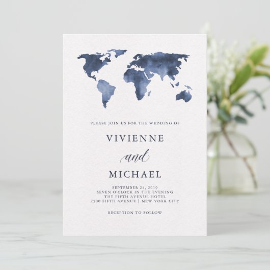 Blauwe Waterverf Wereldkaart op Wit | Bruiloft Kaart (Staand voorkant)